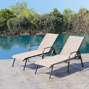 Beige outdoor chaise lounge chairs set of 2 with armrests